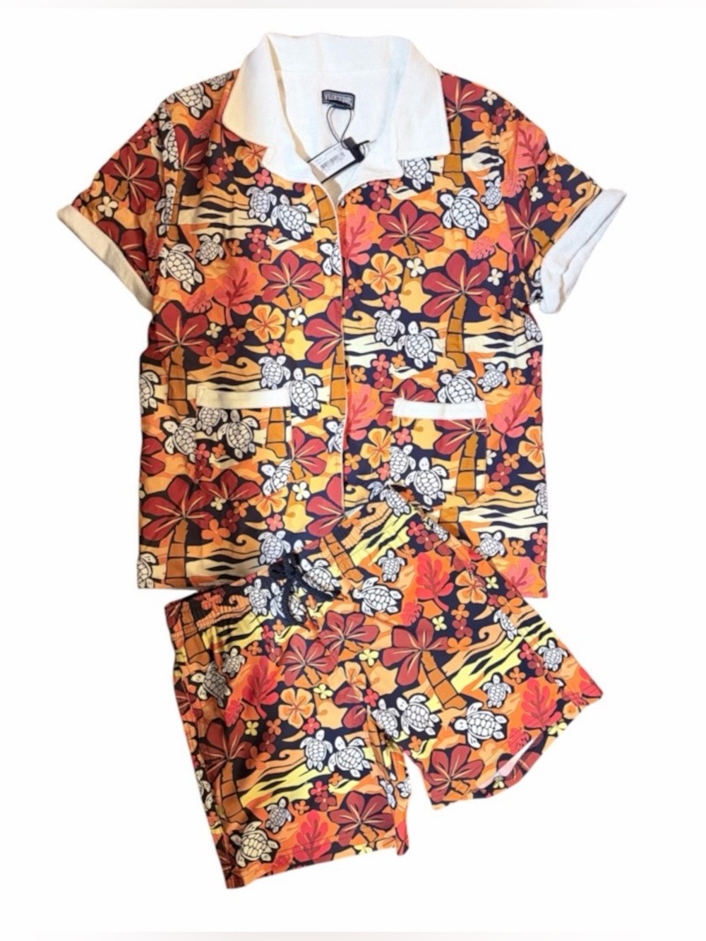 🔥 Vilebrequin Boys Turtle Print Cotton Bowling Shirt And Swim Shorts Set Sz 12